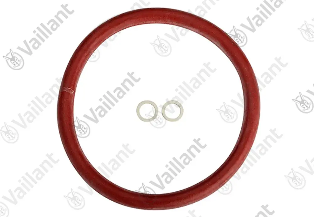 Vaillant Dichtungssatz mit rotem O-Ring und zwei kleinen Dichtungen, geeignet für Brennerwartung.